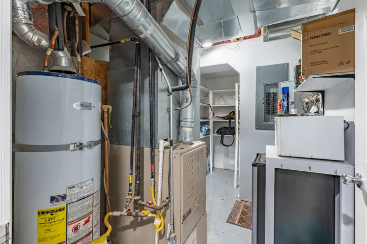 Dedicated utility area featuring a water heater, furnace, electrical panel, and built-in shelving