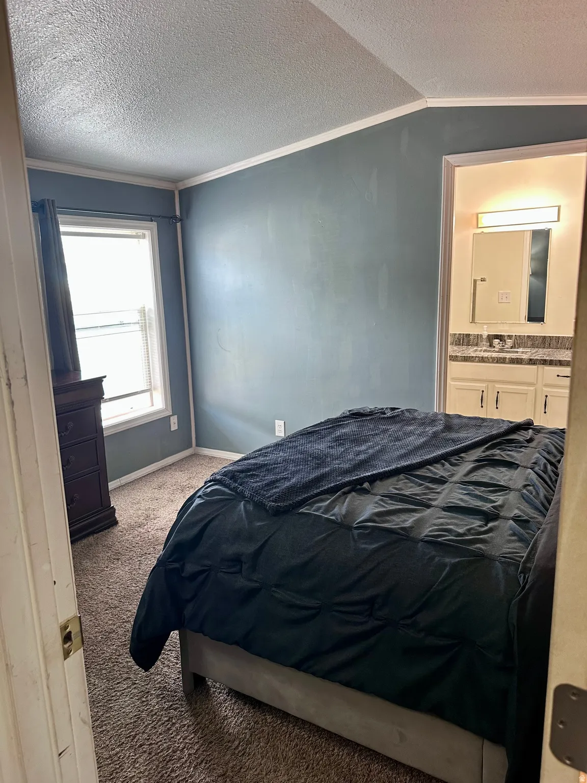 Carpeted room with a window, white trim, and direct entry to an ensuite featuring a vanity with two sinks, a mirror, and overhead lighting