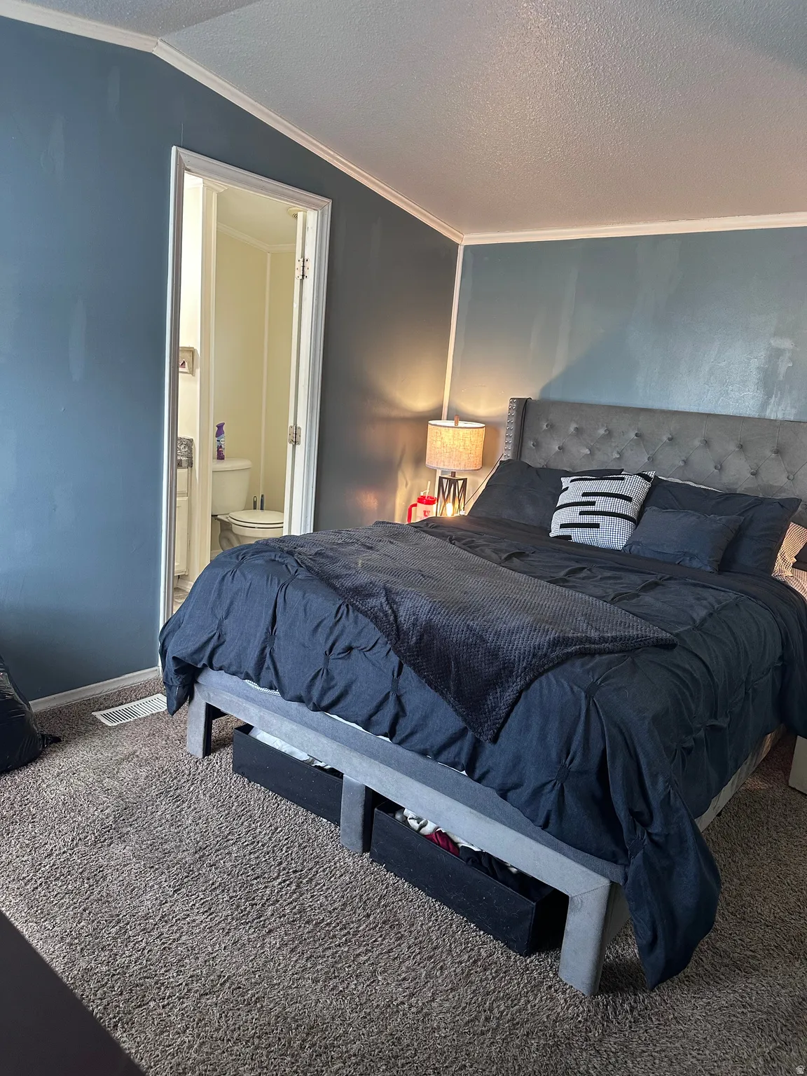 Carpeted bedroom featuring a neutral color palette, crown molding, and an attached private bathroom