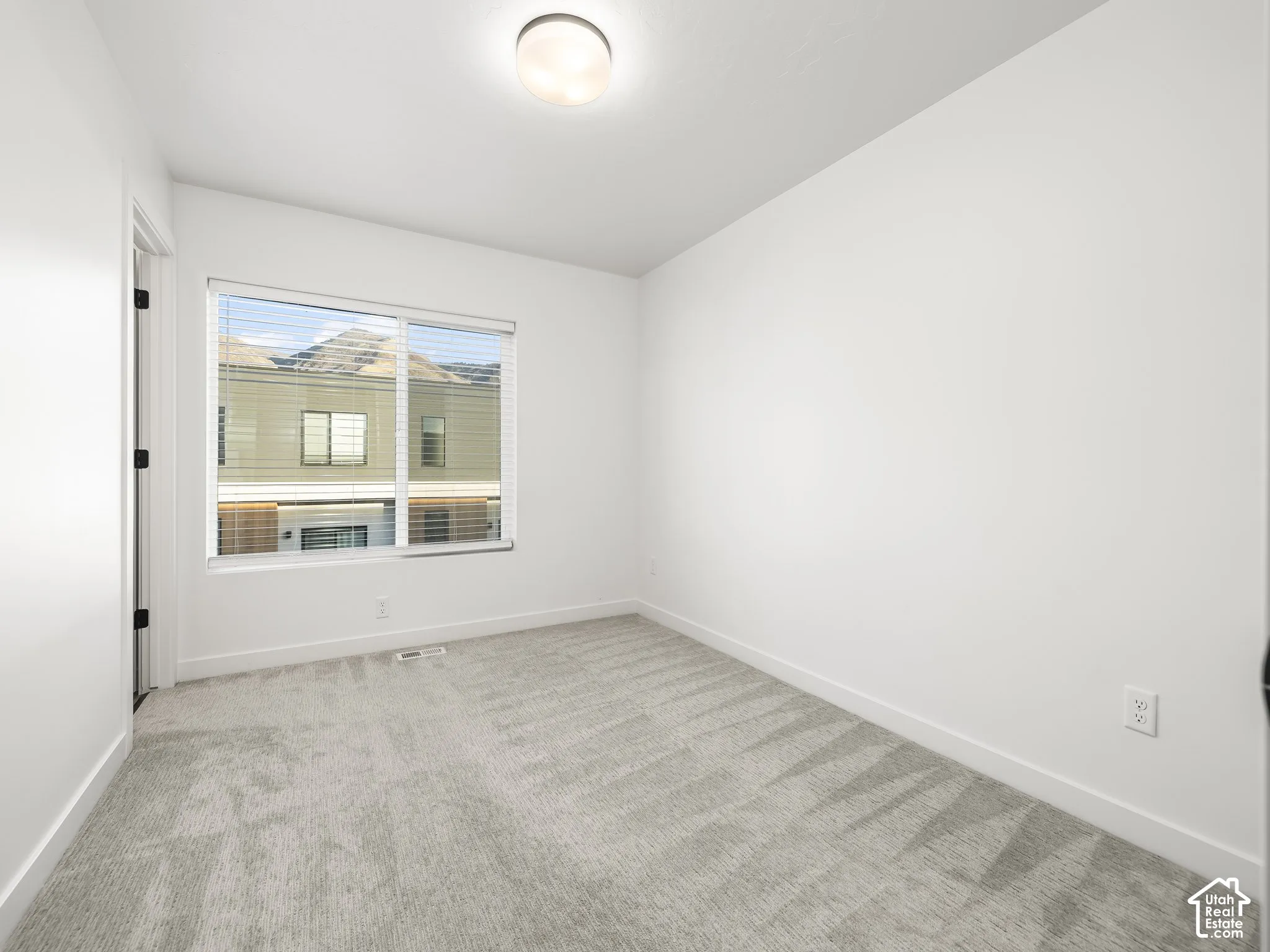 Bright interior room featuring a large window with horizontal blinds, light gray carpeting, and a flush-mount ceiling light