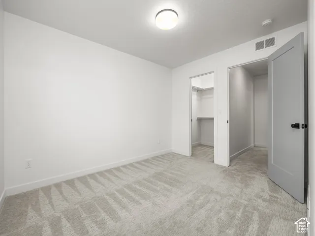 Neutral tone walls and carpeting throughout, featuring a walk-in closet with built-in shelving, a second closet, and a flush mount ceiling light fixture