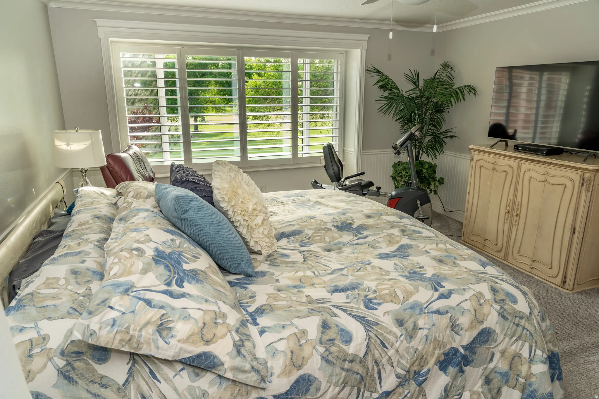 Bedroom featuring plantation shutters, crown molding, wainscoting, and carpet flooring