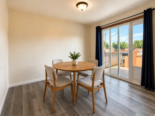 Dining area featuring wood-finish flooring, light-toned walls, and a ceiling-mounted light fixture