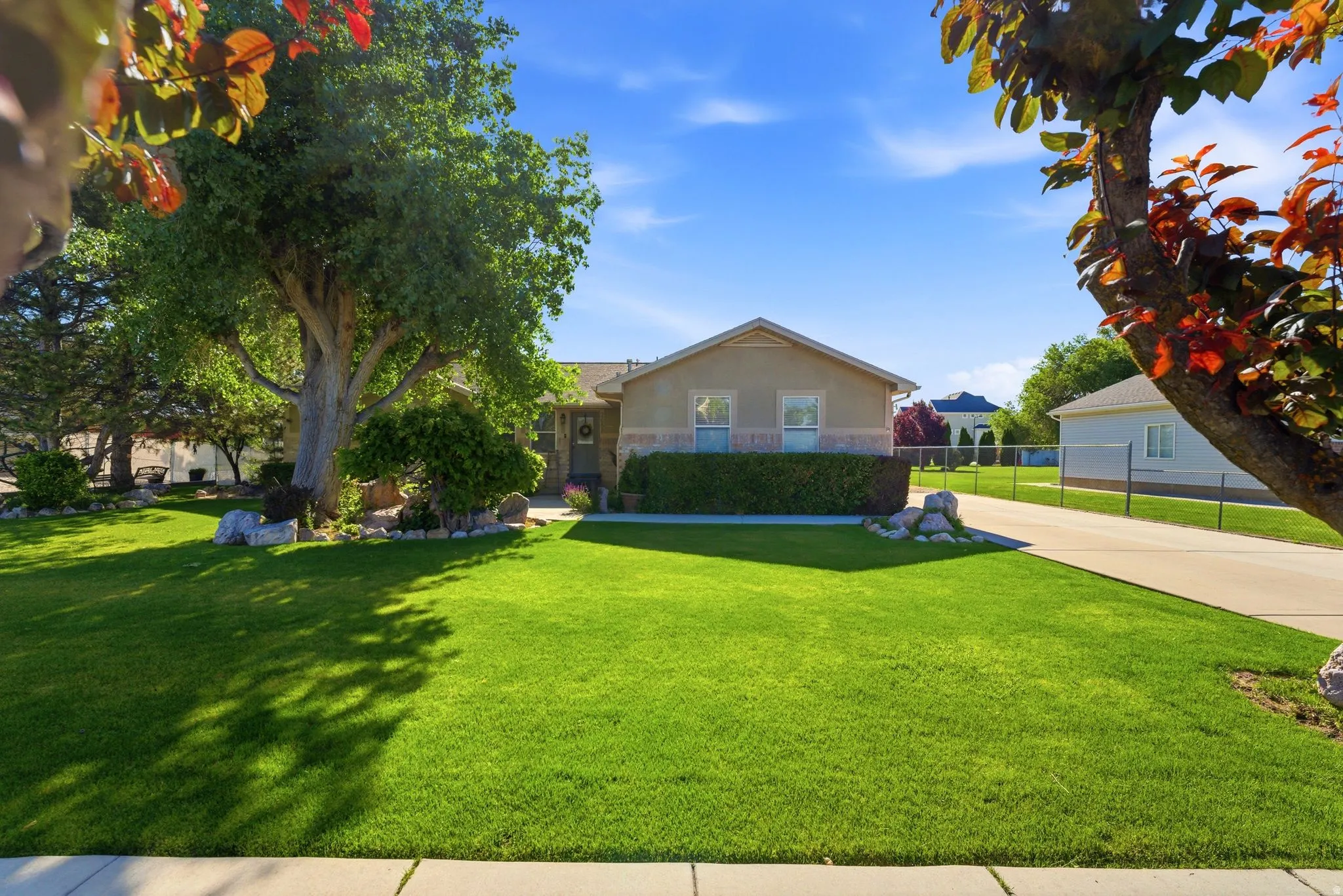Expansive front lawn with mature trees and established landscaping