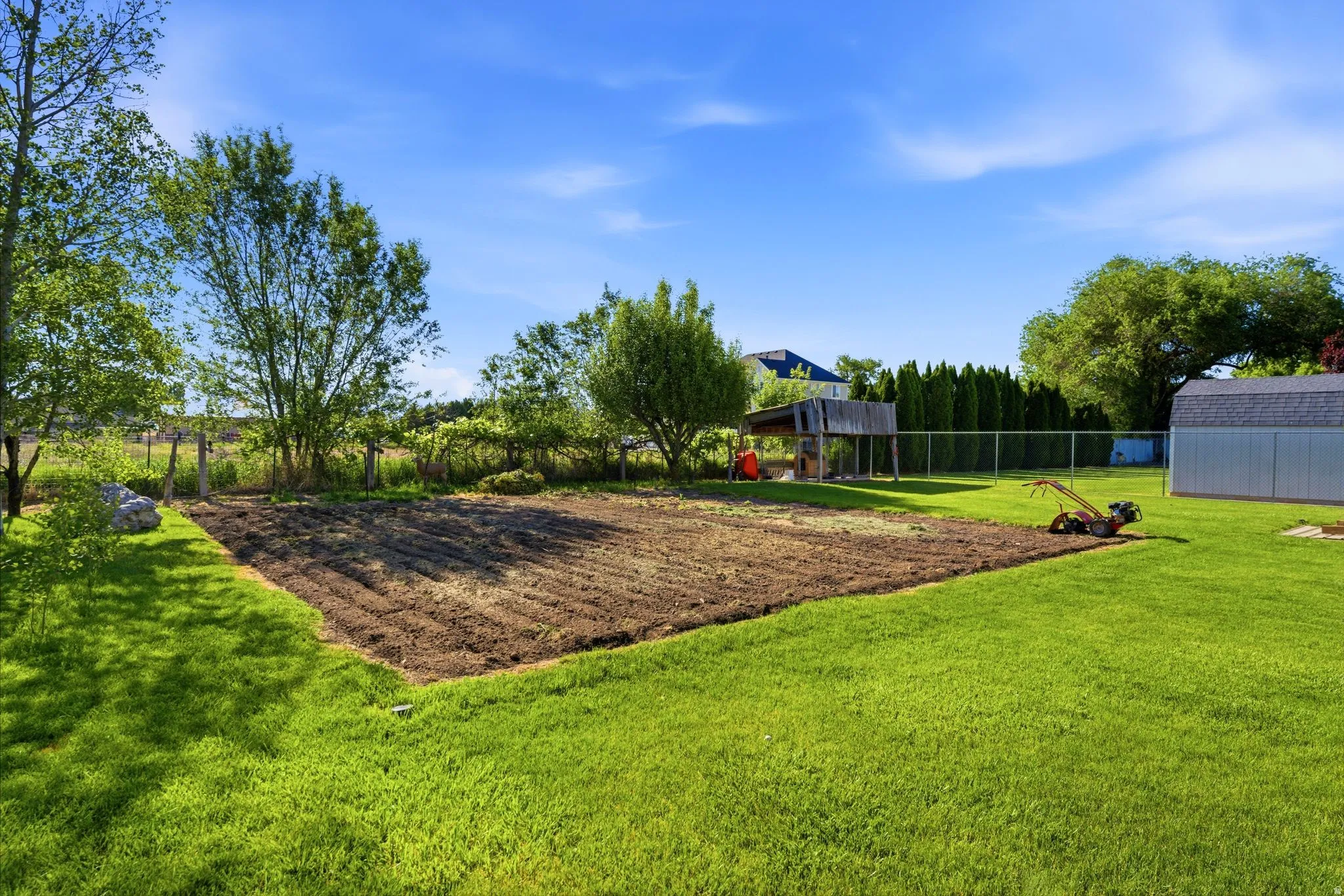 Expansive backyard featuring a cultivated garden plot, manicured lawn, chain-link fencing, mature trees, and a storage shed with a shingle roof