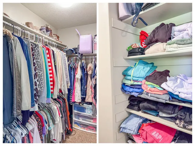 Walk-in closet featuring built-in shelving, multiple hanging rods, and recessed lighting