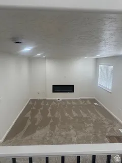 Spacious room featuring new carpeting, a contemporary wall-mounted fireplace, recessed lighting, and a window with horizontal blinds