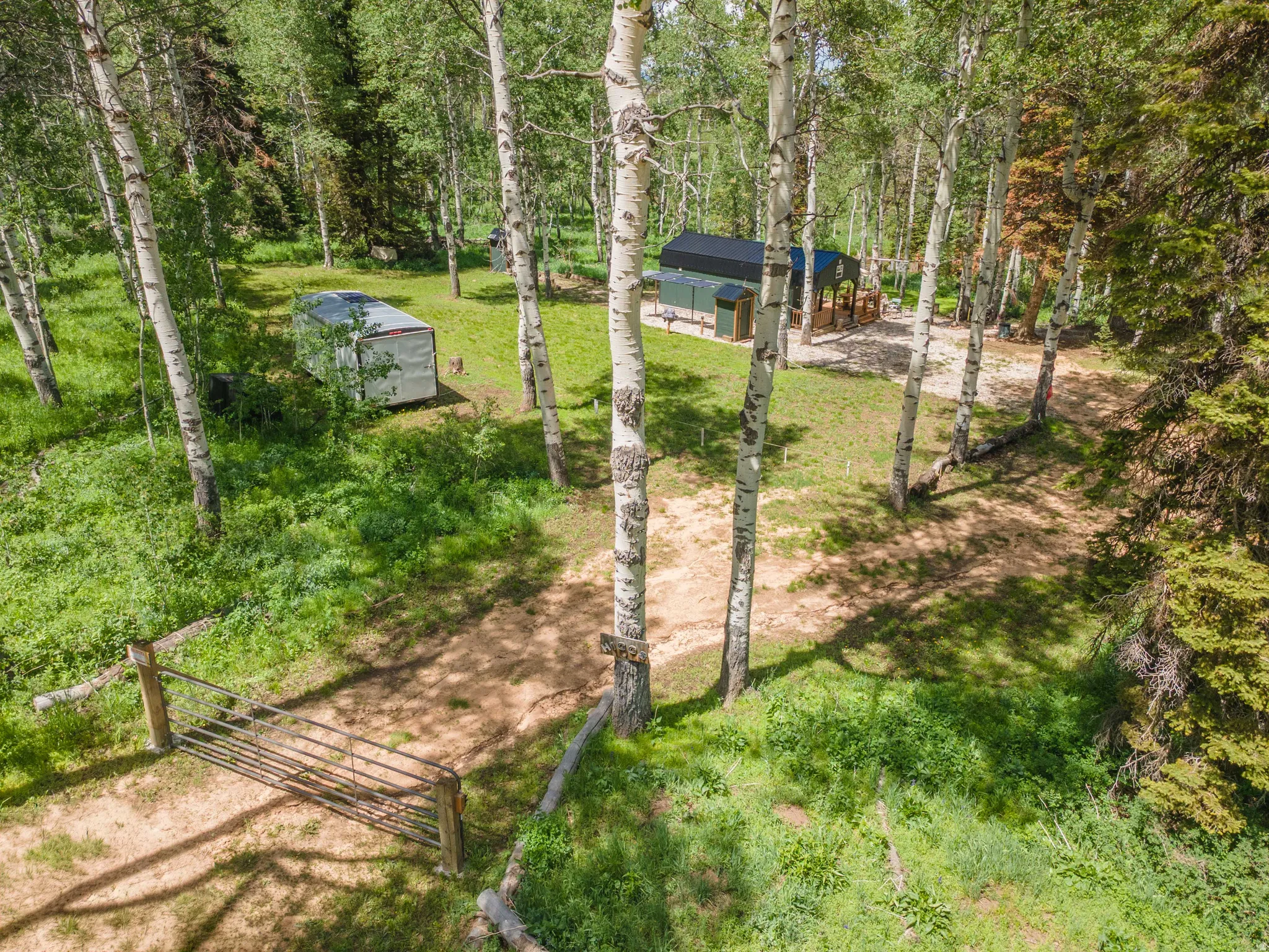 Wooded property featuring a metal gate, gravel drive, and mature trees