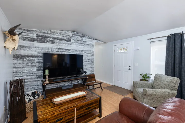 Accent wall featuring horizontal wood-finish planks