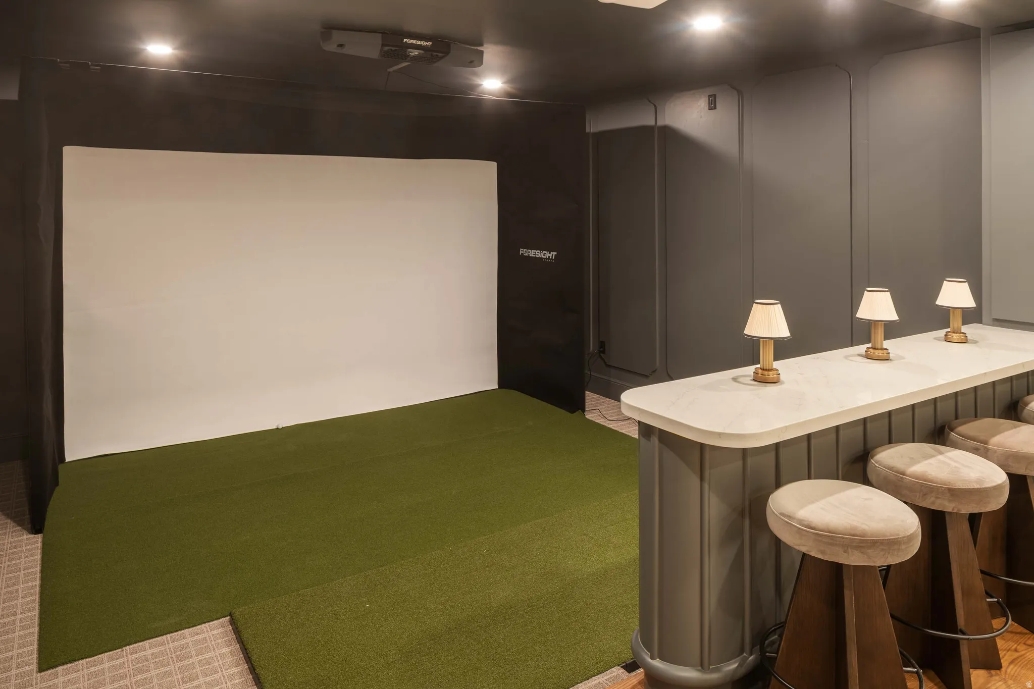 Dedicated entertainment space featuring a large projection screen and artificial turf flooring