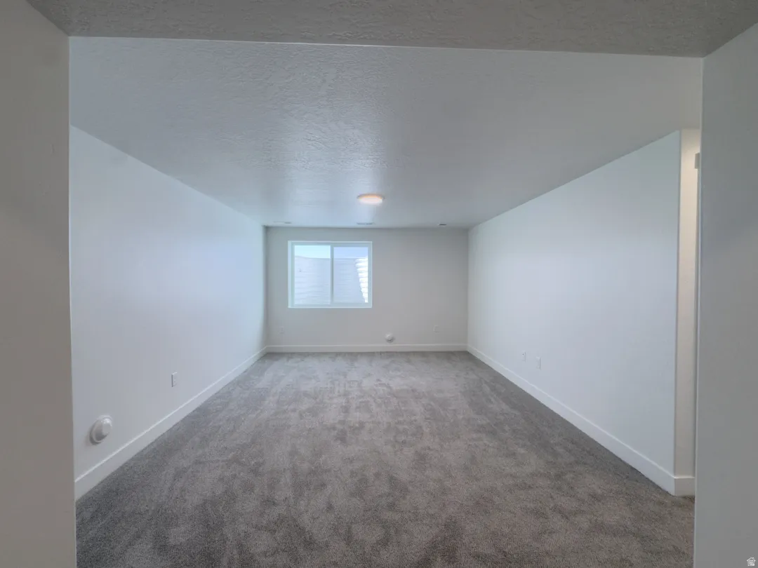Spacious interior room featuring light gray carpeting, white painted walls, a flush-mount ceiling light fixture, and a single window with blinds