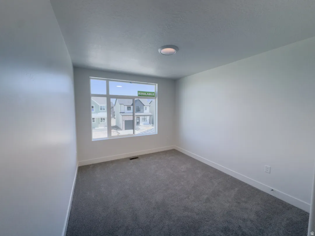 Room featuring a large window, gray carpet flooring, white walls, and a ceiling-mounted light fixture