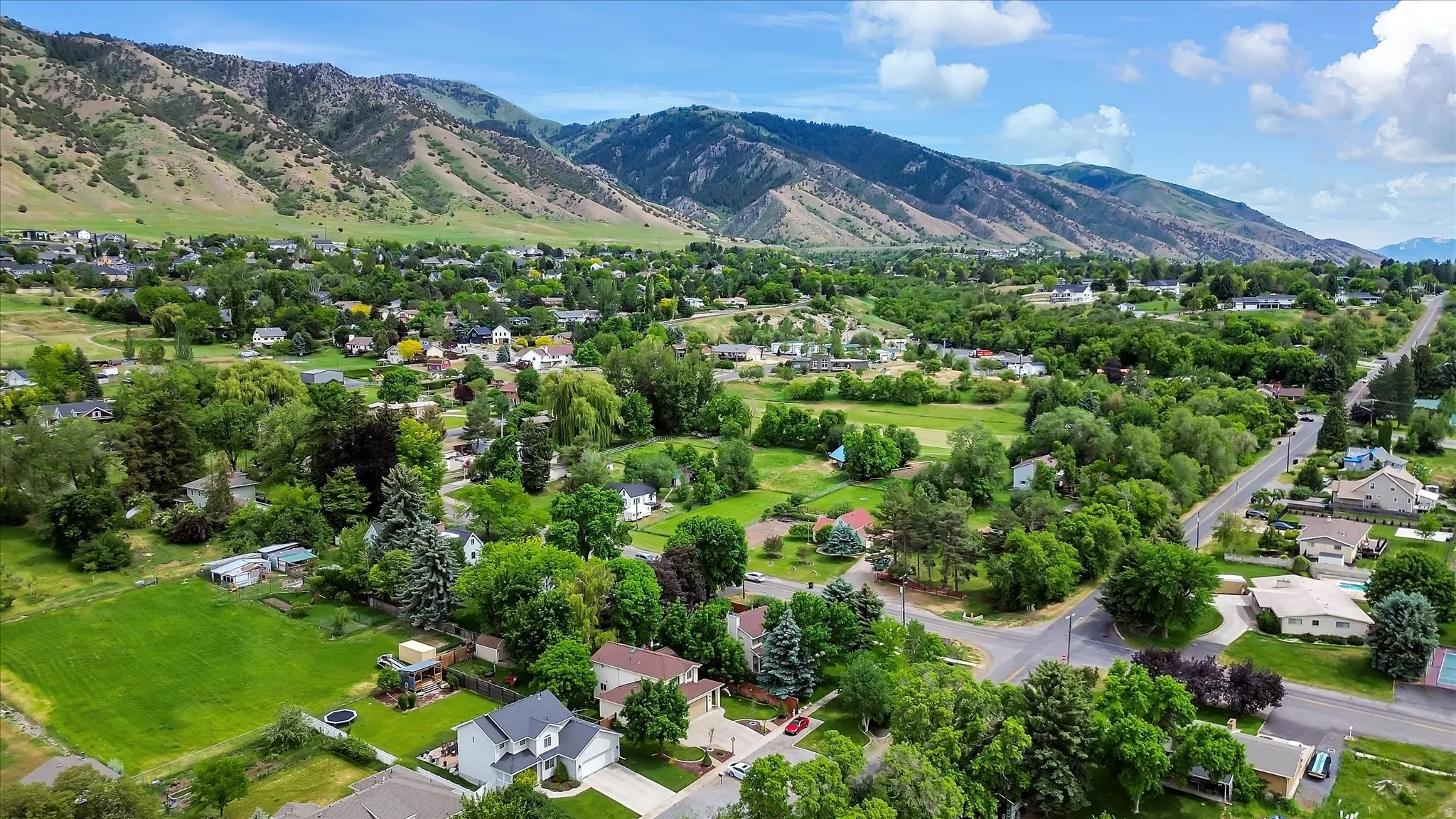 Expansive mountain scenery framing a verdant residential area with mature trees, green lawns, and a network of paved roads