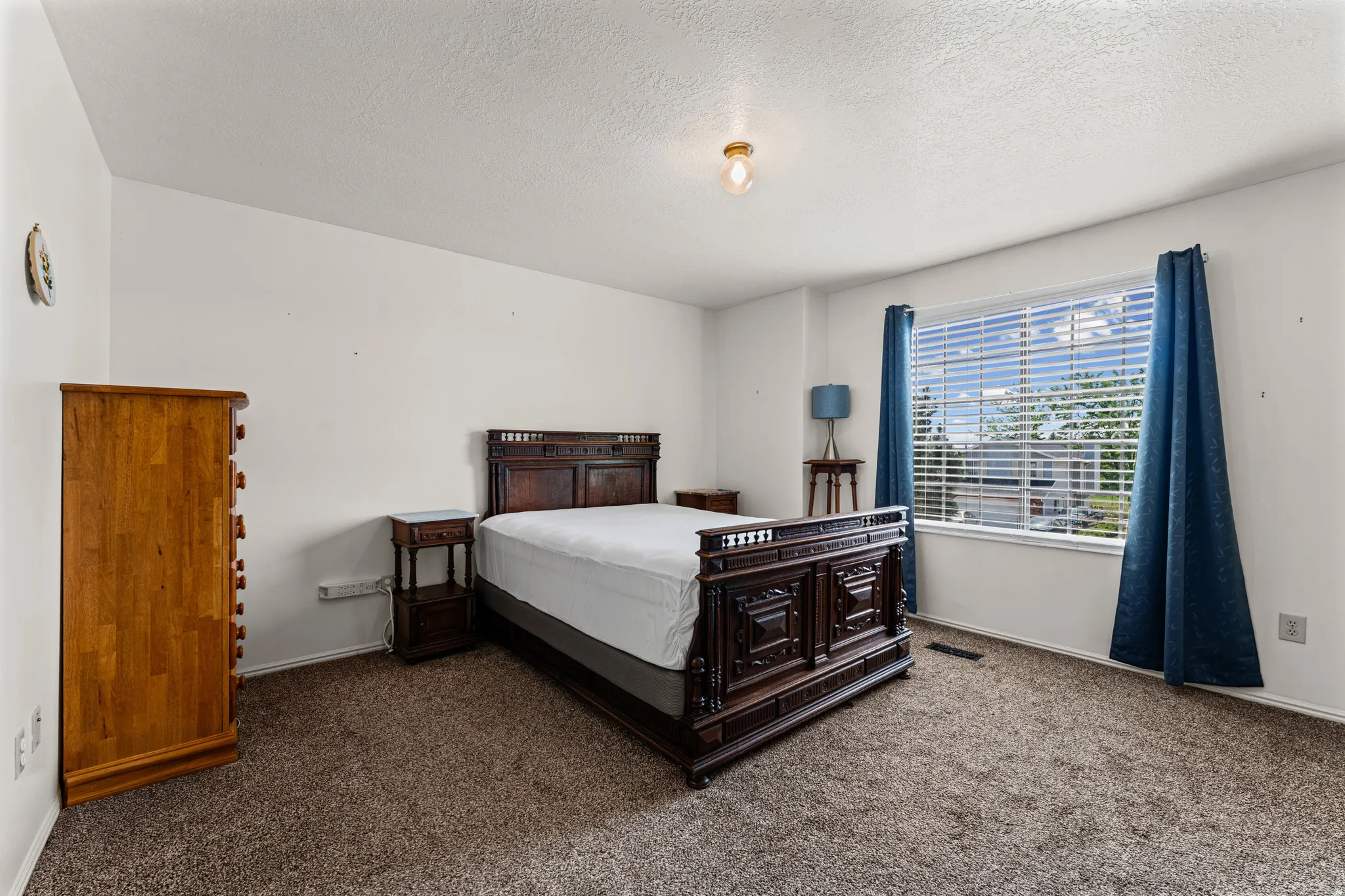 Carpeted room with white walls, a single window with blinds, and an overhead light fixture