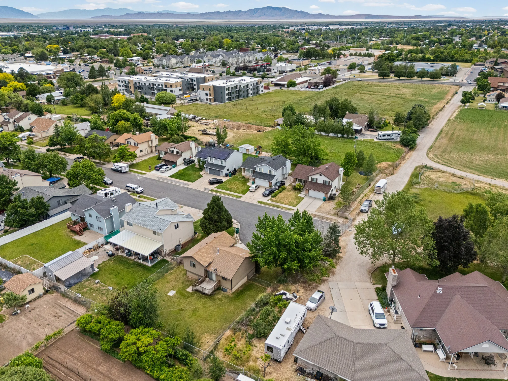 Aerial perspective showcasing a residential street with single-family homes, mature trees, and landscaping
