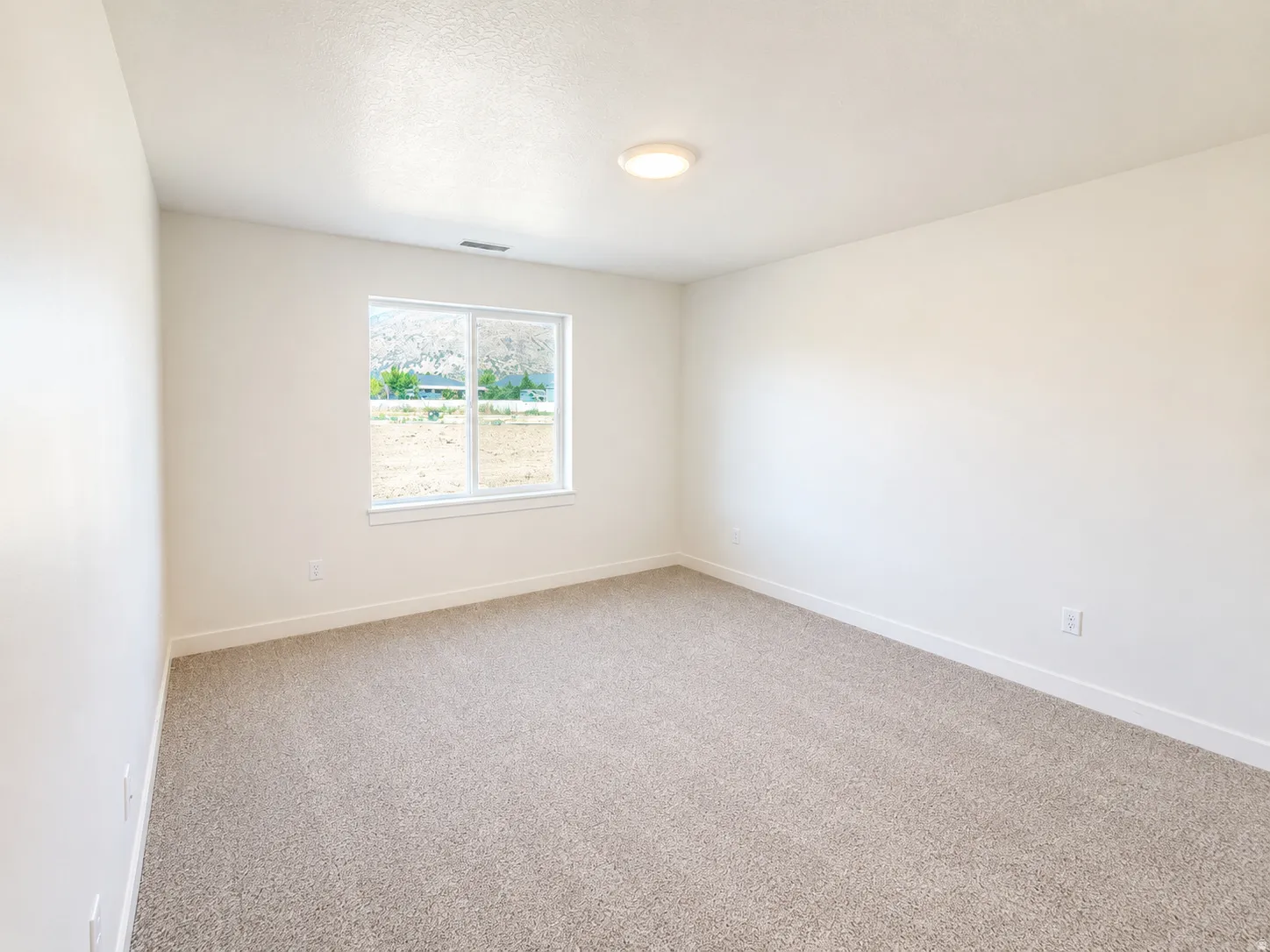 Room featuring neutral-toned carpeting, white walls, and a single window with white trim