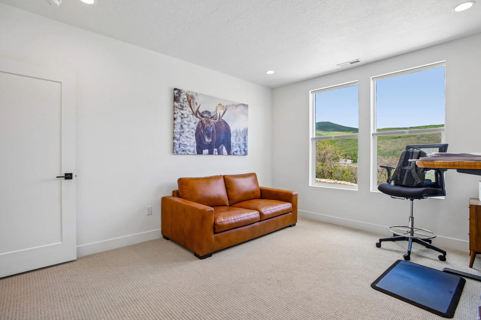 Light-filled room featuring two large windows, white walls, recessed ceiling lighting, and a neutral-toned carpet