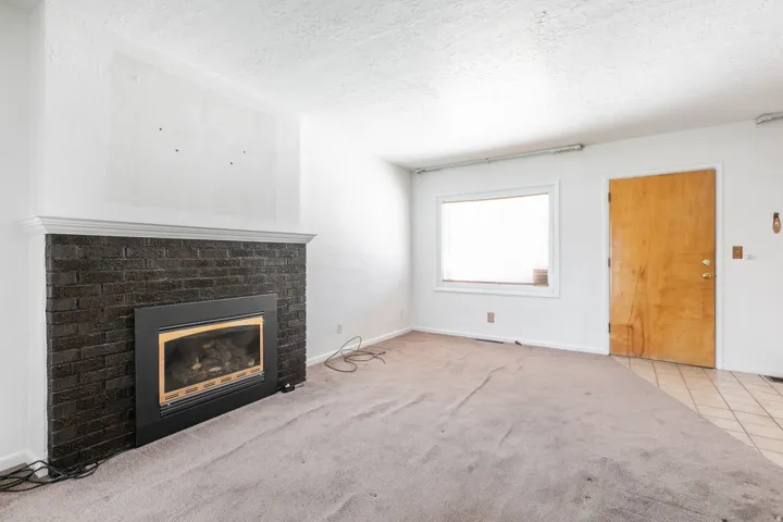 Living area featuring a dark brick fireplace with mantel, light-colored carpeting, a broad window, and a wooden entry door