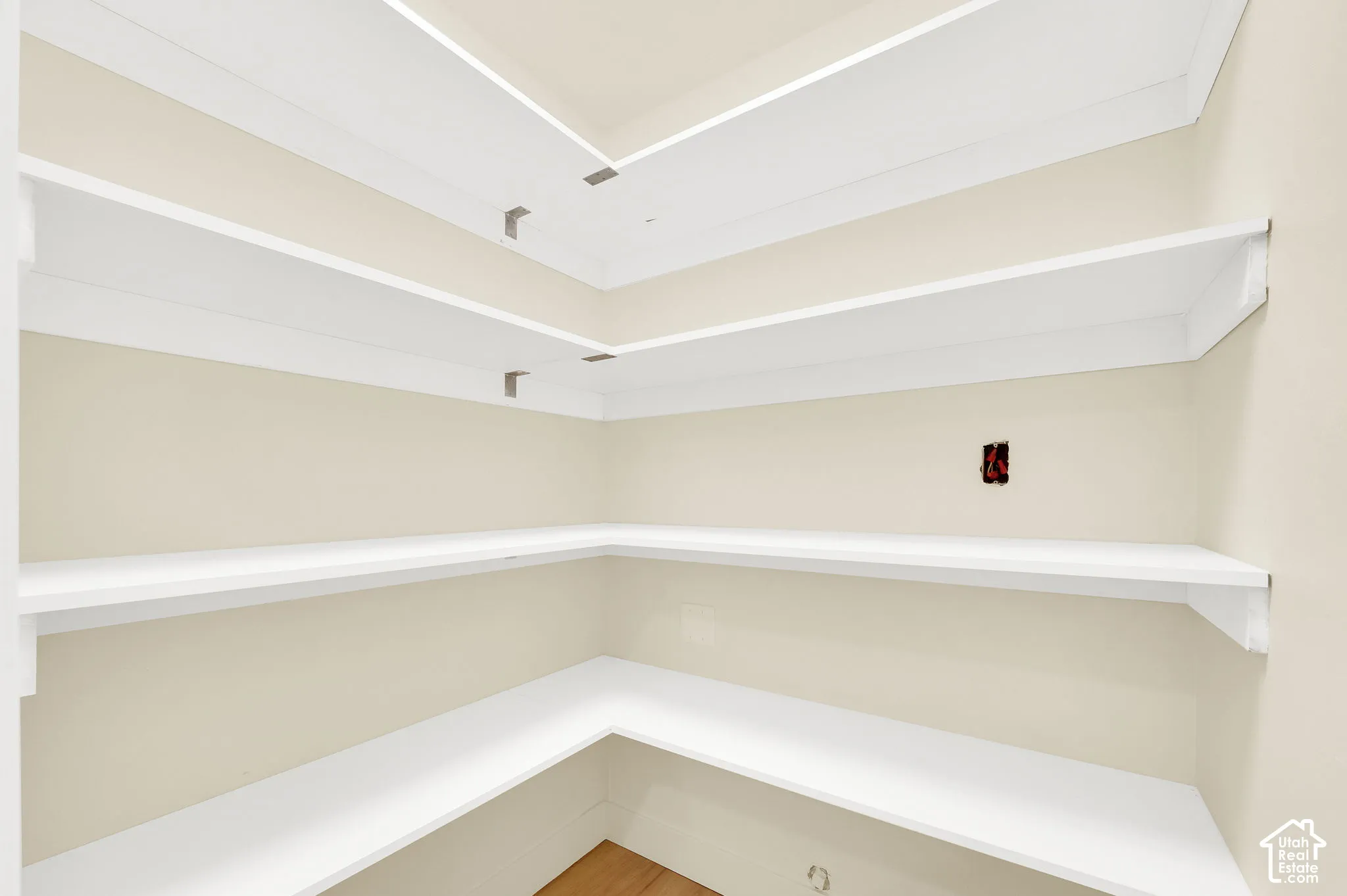 Spacious walk-in pantry featuring multiple levels of white shelving and light-toned walls