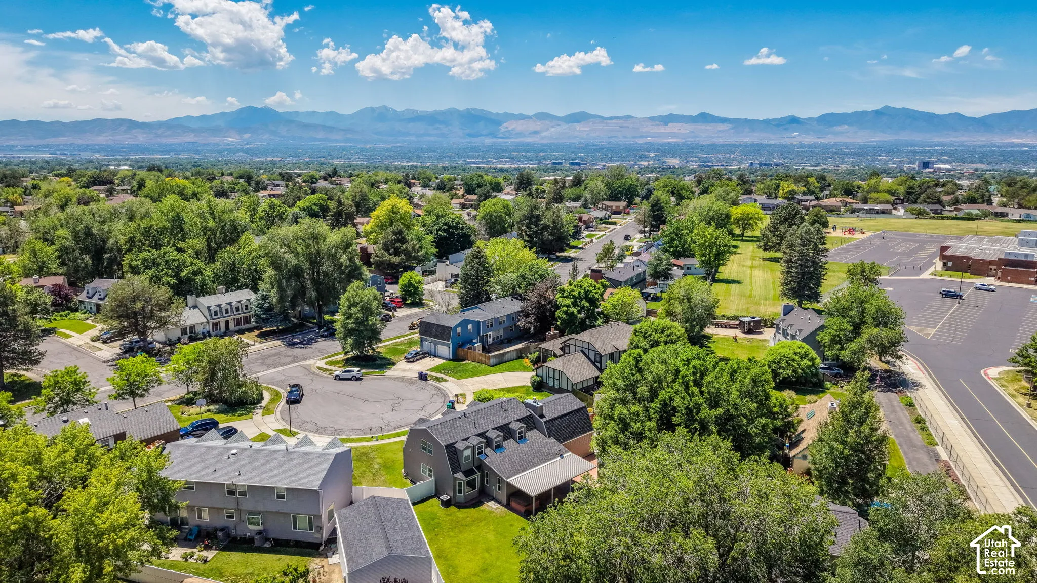 Expansive aerial perspective showcasing a residential area with mature tree cover