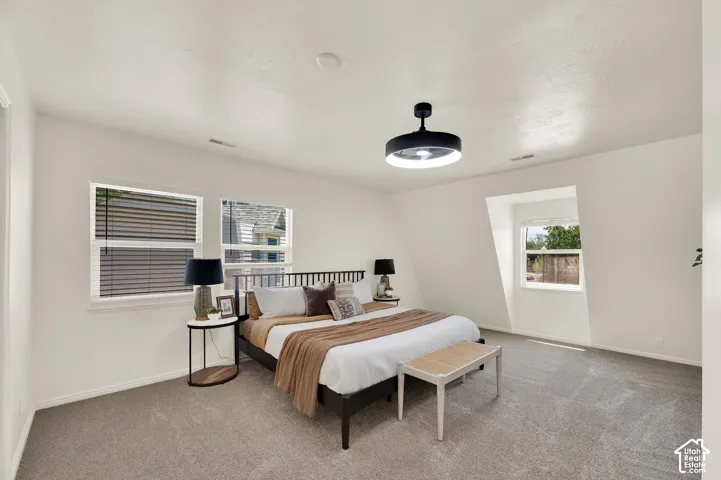 Spacious room with plush carpet flooring, multiple windows featuring blinds, and a contemporary ceiling light fixture