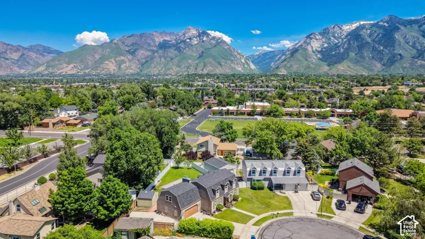 Aerial perspective showcasing a residential neighborhood with mature trees and paved streets, framed by distant snow-capped mountains
