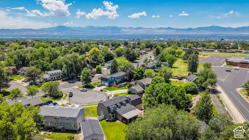 Expansive aerial perspective showcasing a residential area with mature tree cover