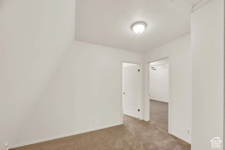 Carpeted room with white walls, a flush-mount ceiling light, and two open doorways