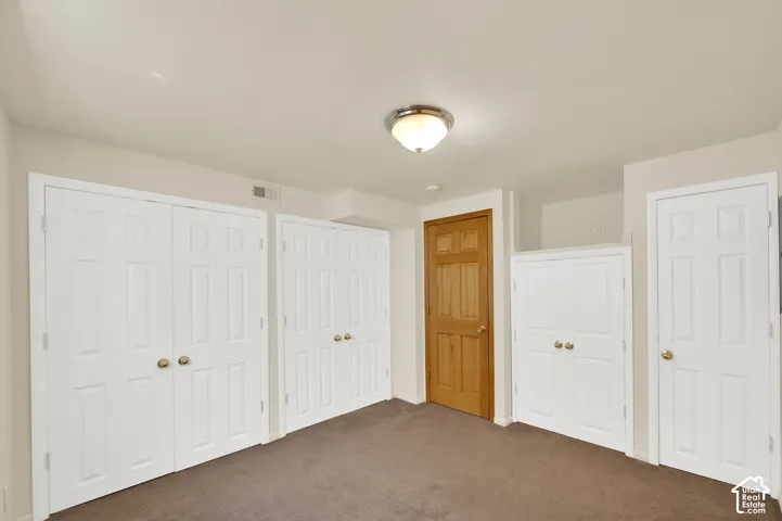 Carpeted room featuring multiple white paneled closet doors with brass hardware, a light wood-finish door, and a flush-mount ceiling light fixture