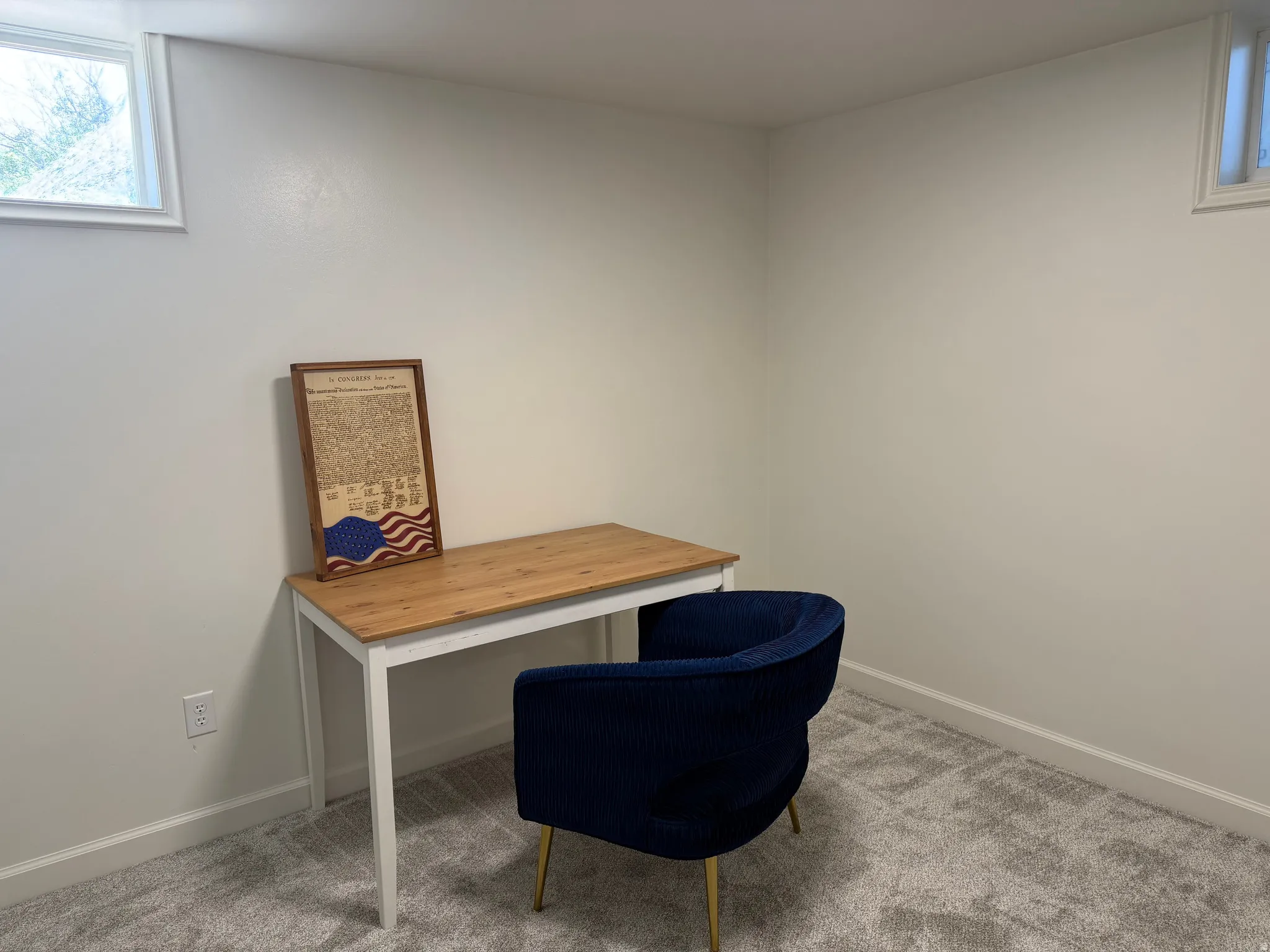 Light gray carpeting with white baseboards and light-colored walls