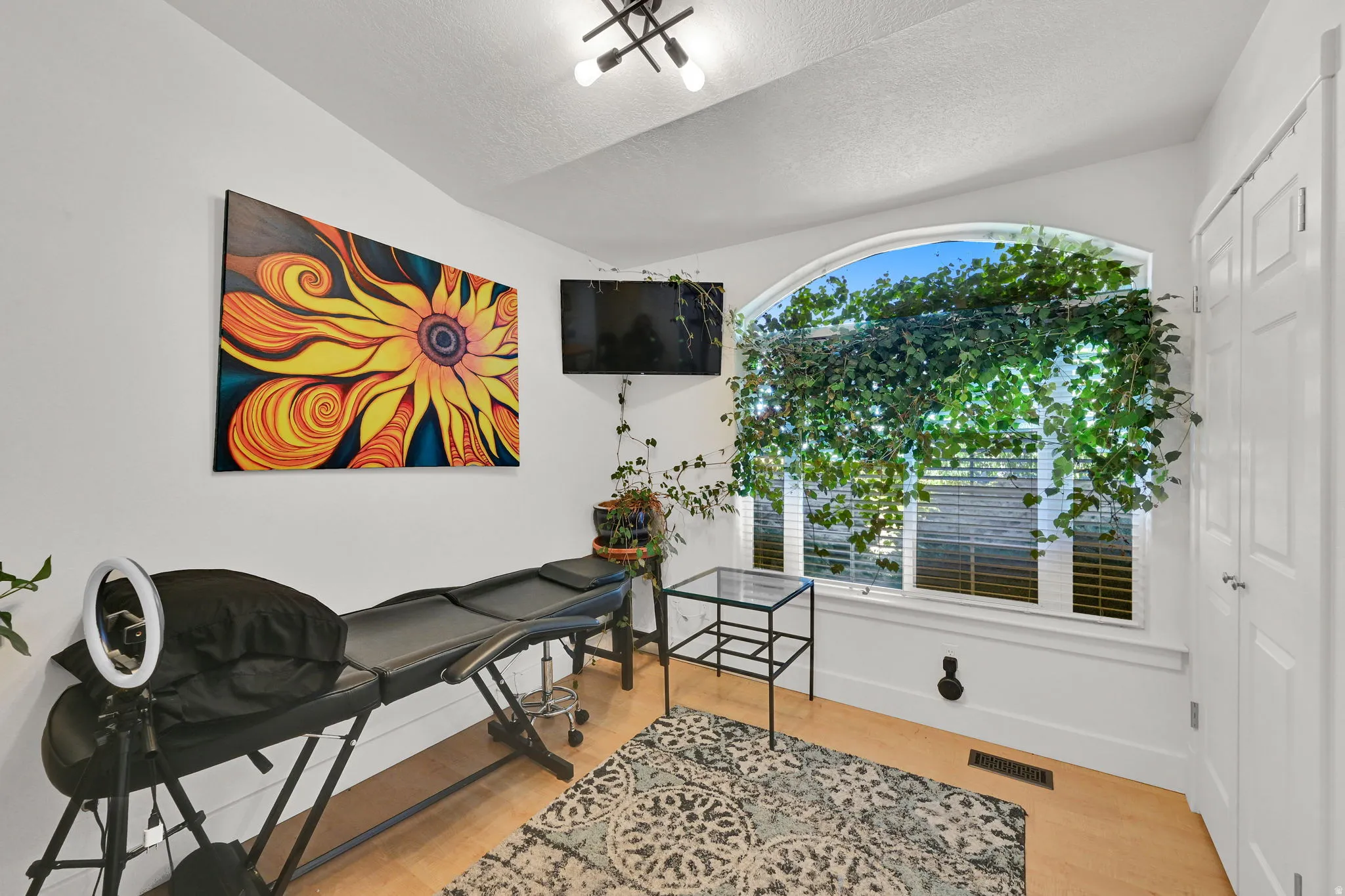 Room featuring an arched window with horizontal blinds, wood-finish flooring, and white walls