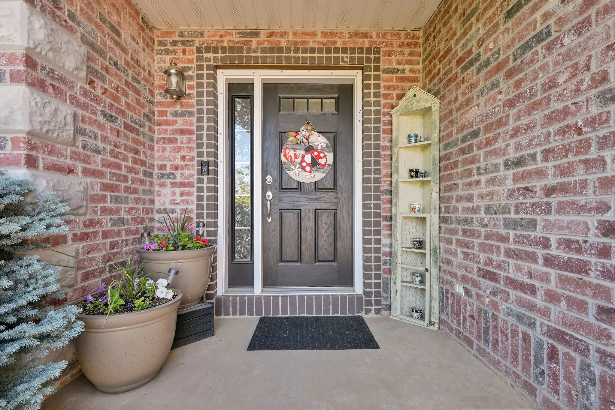 Entryway featuring a dark paneled door with sidelights, a transom window, and a concrete porch