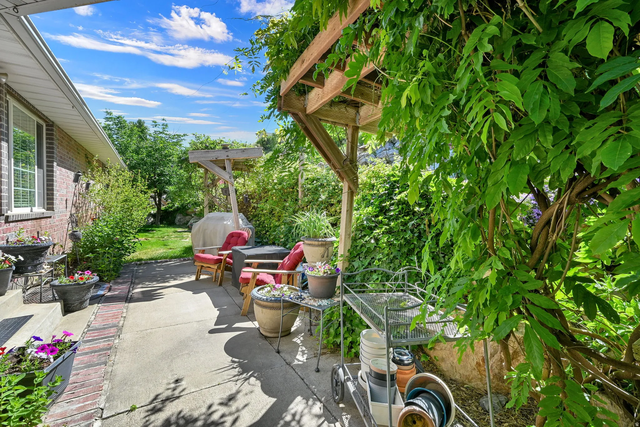 Private patio area featuring a pergola with mature vine coverage, concrete paving, and a brick-accented border
