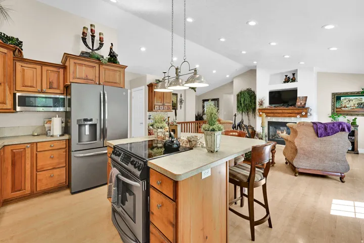 Open concept kitchen and living area featuring wood-finish flooring
