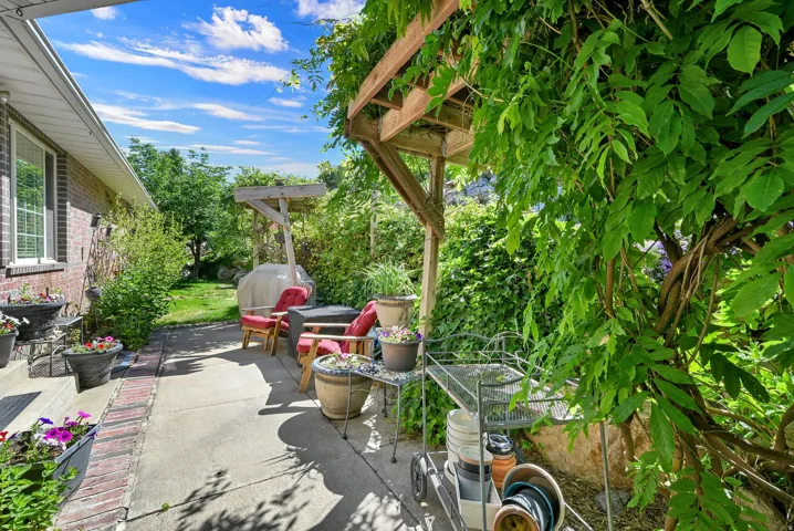 Private patio area featuring a pergola with mature vine coverage, concrete paving, and a brick-accented border
