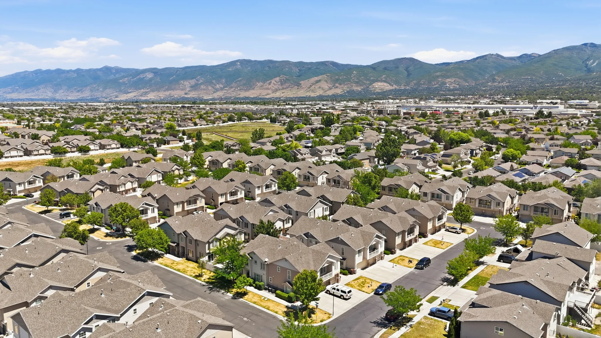 Residential area featuring single-family homes with pitched roofs, mature trees, and mountainous terrain