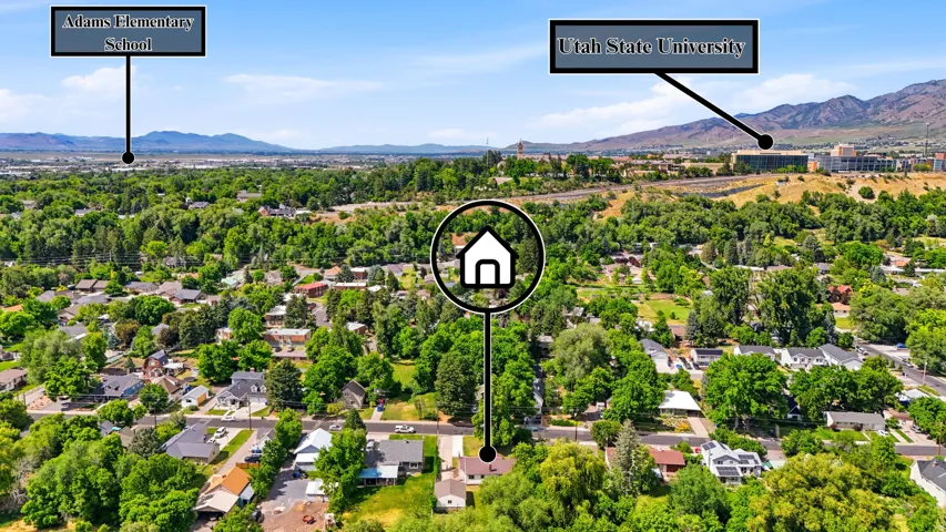 Aerial overview of a residential area with established trees and surrounding mountainous terrain