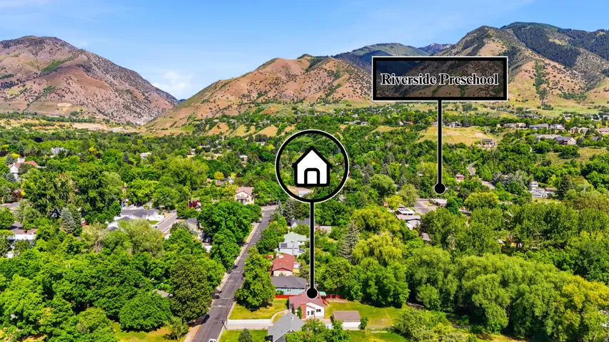 Aerial perspective showcasing the property's location amidst a lush, tree-filled landscape