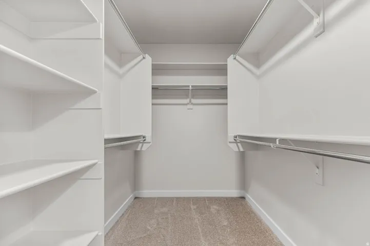 Walk-in closet featuring light-colored carpeting, multiple shelving units, and dual hanging rods