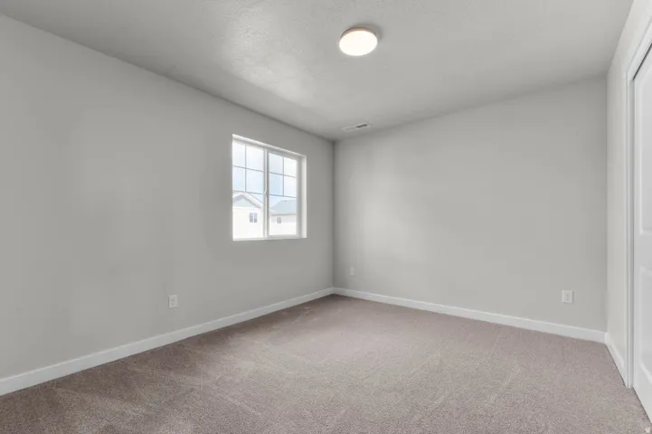 Bedroom featuring light gray walls, plush carpet flooring, a single window, a flush-mount ceiling light, and white trim