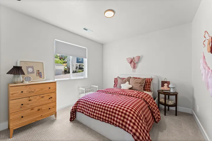 Neutral wall paint, light-colored carpet flooring, recessed lighting, and a single window with roller shade