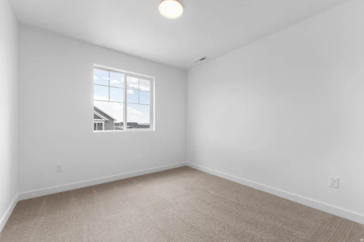 Bright interior room featuring a large window with grid detailing, neutral carpeting, white baseboards, and a flush-mount ceiling light fixture