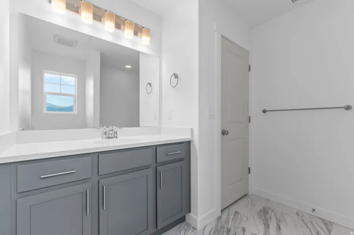 Bathroom featuring a dual-sink vanity with a white countertop and gray cabinetry, a large wall-mounted mirror, and overhead vanity lighting
