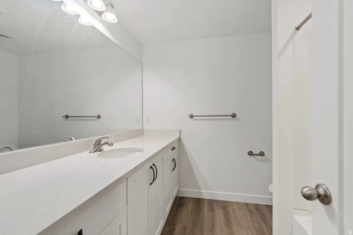 Spacious bathroom featuring an extended white vanity with integrated sink, brushed nickel faucet, large wall-mounted mirror, and wood-finish flooring