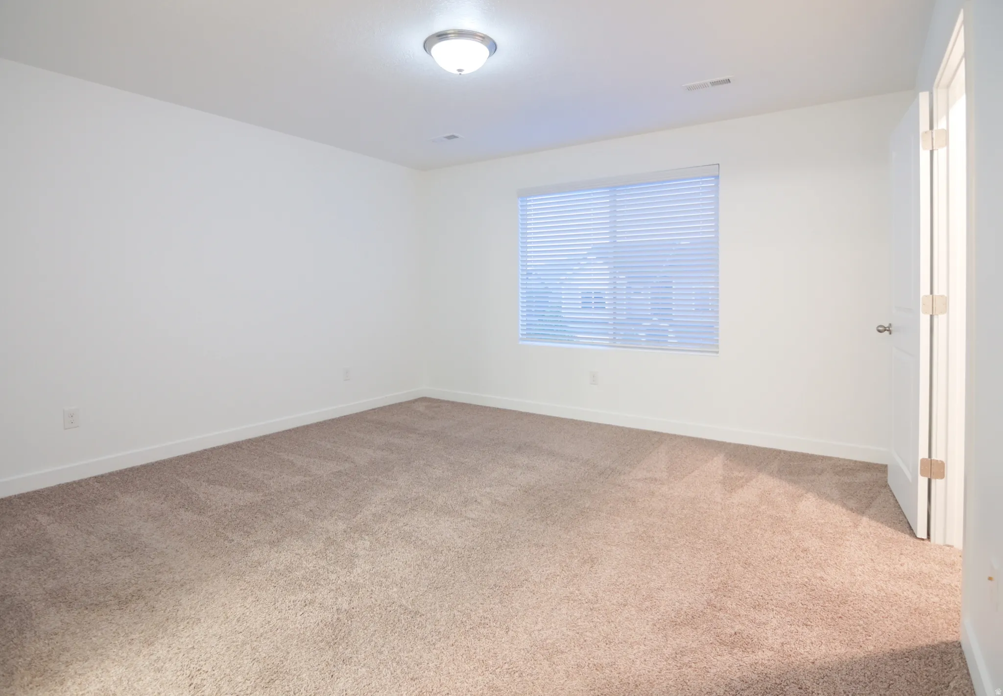Carpeted room featuring a single window with horizontal blinds, white walls, and a flush mount ceiling light fixture