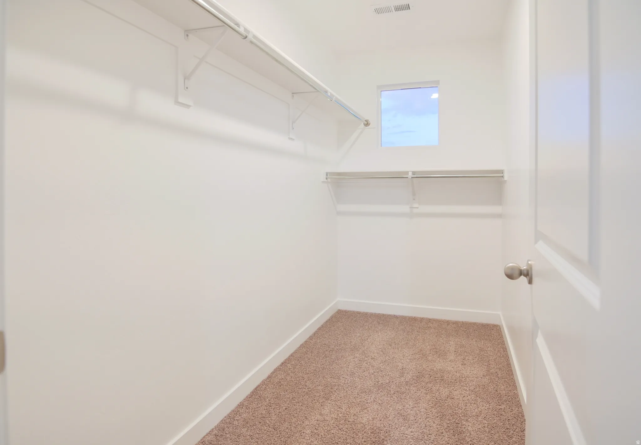 Walk-in closet in secondary bedroom featuring plush carpeting, a single window, white walls, and built-in wire shelving