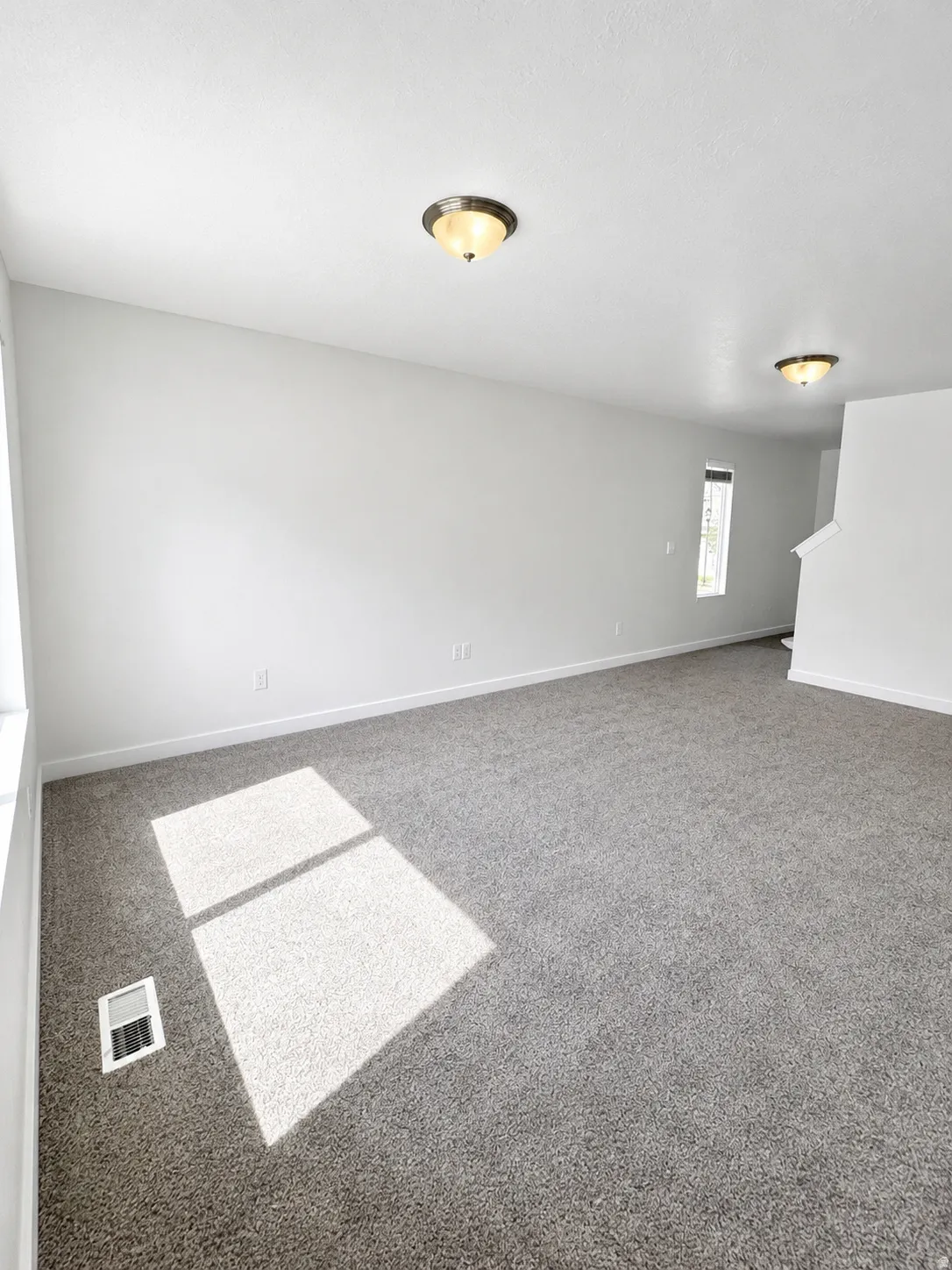 Spacious living room featuring new gray carpeting, crisp white walls, multiple flush-mount ceiling lights, and a window providing natural illumination