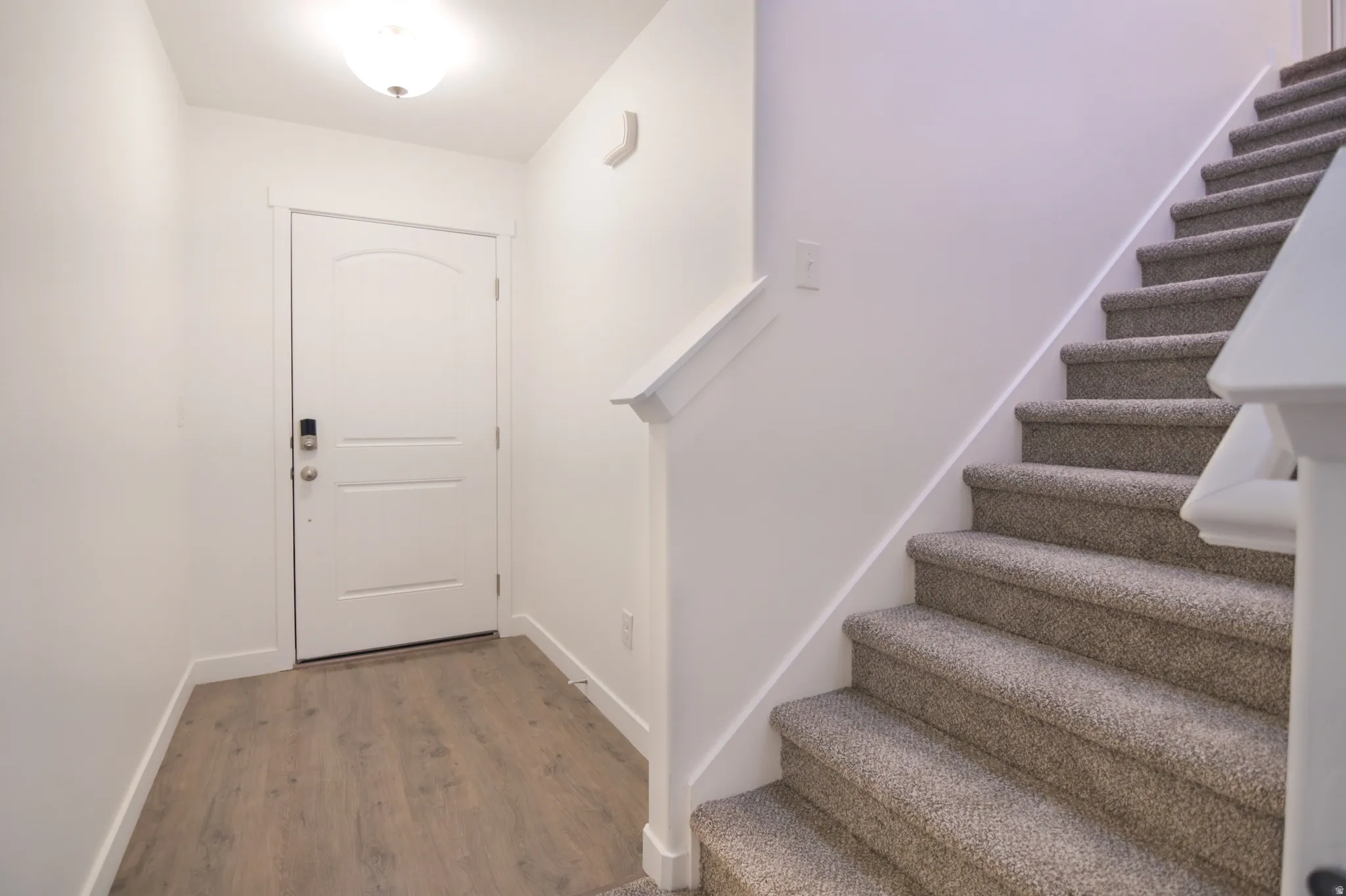Entryway featuring wood-finish flooring, a white paneled door with smart lock hardware, and a semi-flush ceiling light fixture