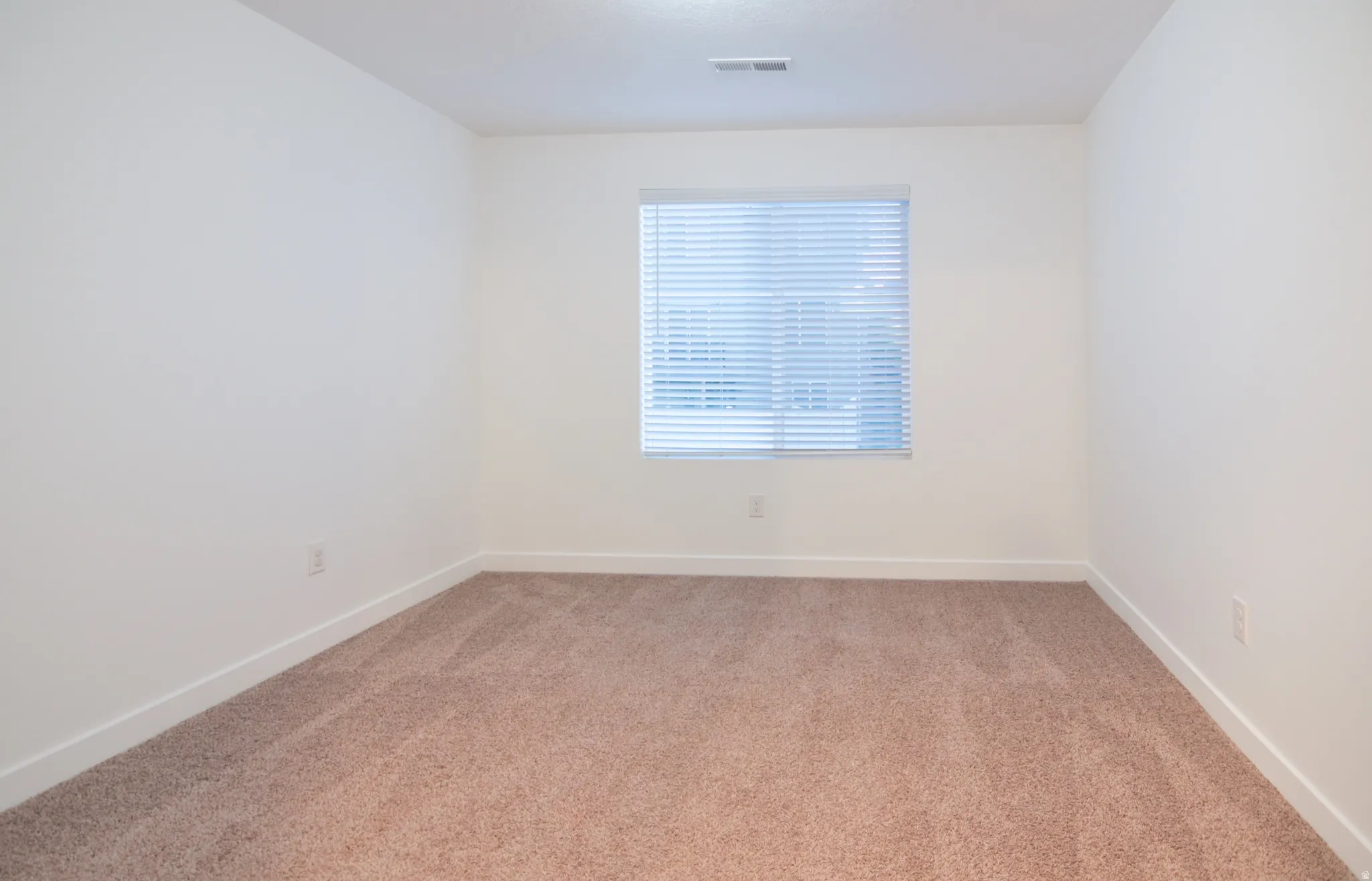 Neutral-toned carpeting paired with white walls, a single window with horizontal blinds, and a ceiling light fixture