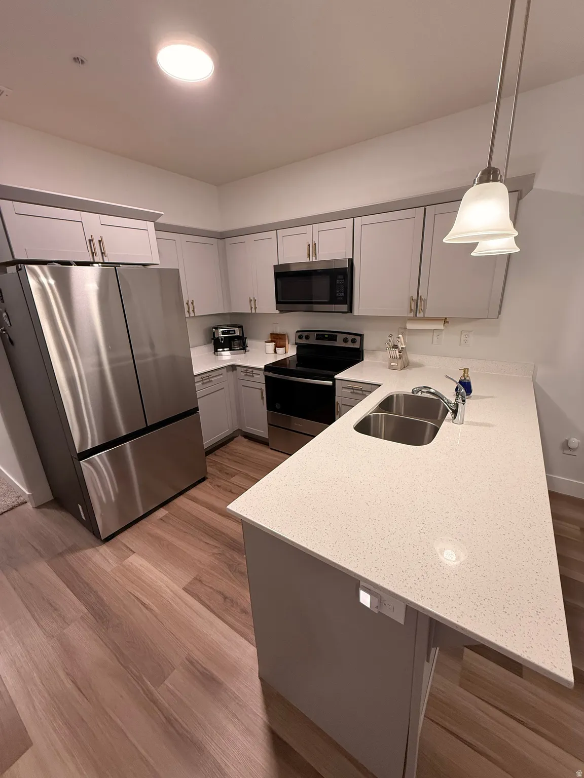 Contemporary kitchen featuring light gray cabinetry with gold-finish hardware, stainless steel appliances, a double basin sink, and wood-finish flooring